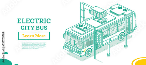Isometric Electric Bus on Charging Station. Ecological Public Transport.