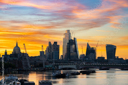 City of London financial district skyline at sunrise. England