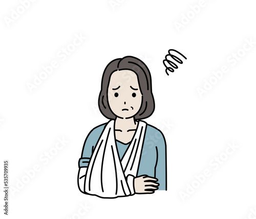 腕を骨折する中年の女性　怪我　ギプス固定　イラスト