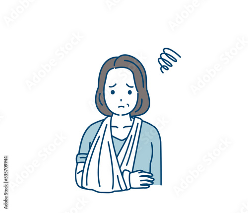 腕を骨折する中年の女性　怪我　ギプス固定　イラスト
