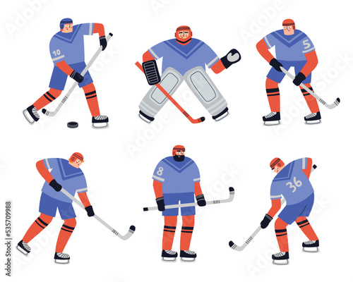 Set of ice hockey players. Hand drawn vector illustration.