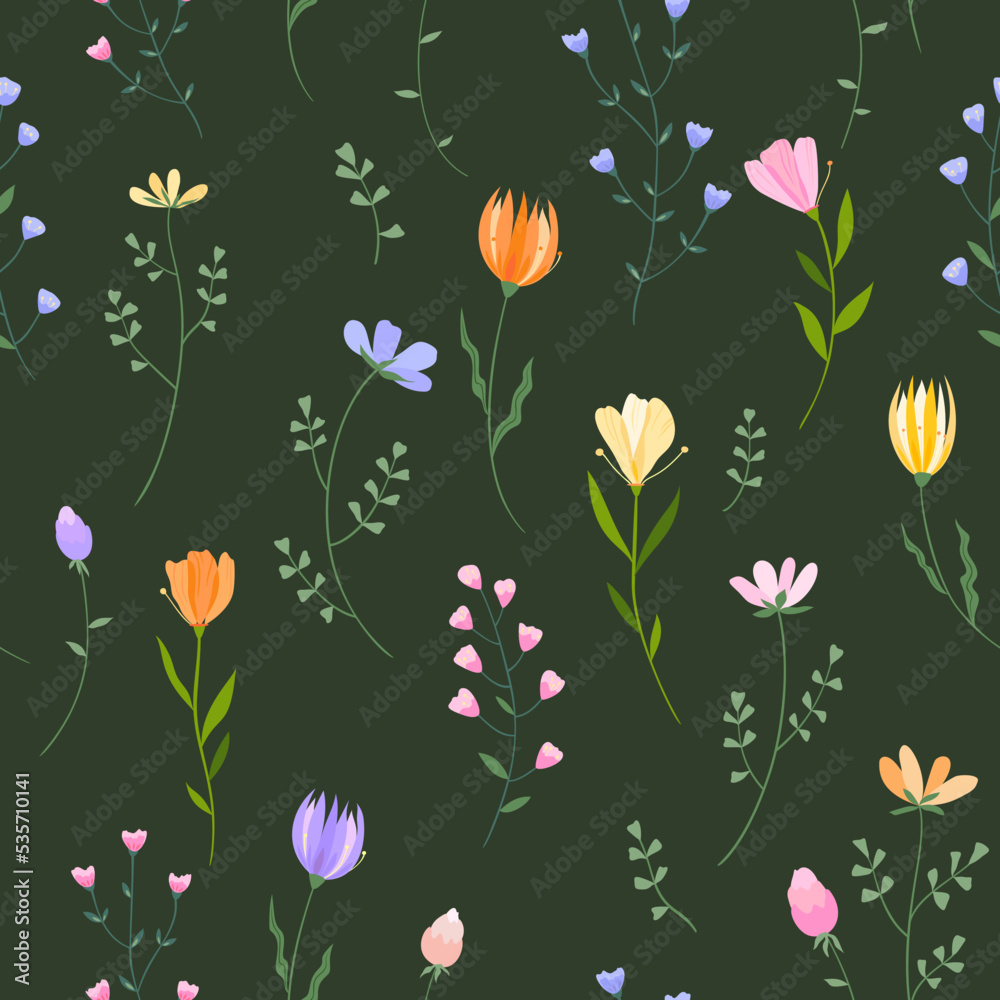 Vector floral seamless pattern. Set of leaves, wildflowers, twigs, floral arrangements. Beautiful compositions of field grass and bright spring flowers on dark green background. Vector floral seamless pattern. Set of leaves, wildflowers, twigs, floral arrangements. Beautiful compositions of field grass and bright spring flowers on dark green background.