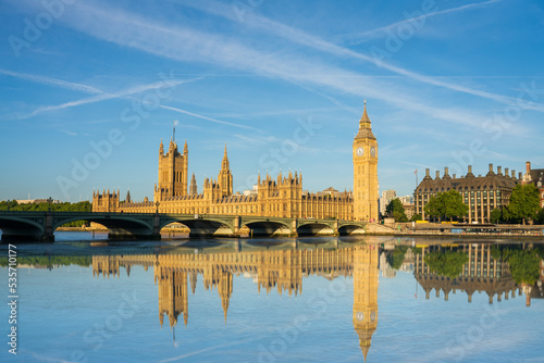 Big Ben and Westminster bridge with reflection in London. England