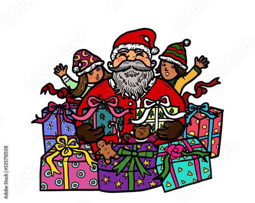 Santa Claus with children and gift presents to celebrate Christmas party. Illustration cartoon drawing on white background