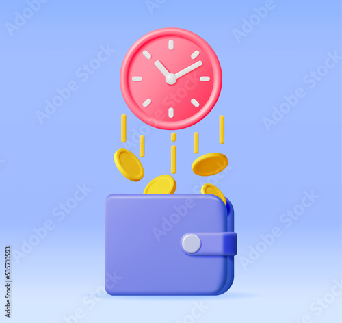 3D Clock with Dollar Golden Coins in Wallet Isolated. Render Time is Money Concept Annual Revenue, Financial Investment, Savings, Bank Deposit, Future Income, Money Benefit. Vector Illustration