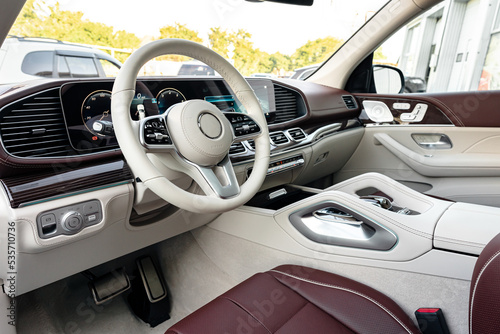 Modern luxury car interior with steering wheel, multimedia and dashboard © fotofabrika