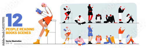 Set of people reading books in club, home or library. Happy engrossed male and female characters modern literature fans relaxed sparetime. Students prepare for exams, Line art flat vector Illustration