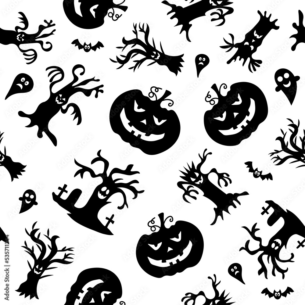 Fototapeta premium Seamless pattern for Halloween design. Halloween symbols pumpkin, tree, ghost in cartoon style.