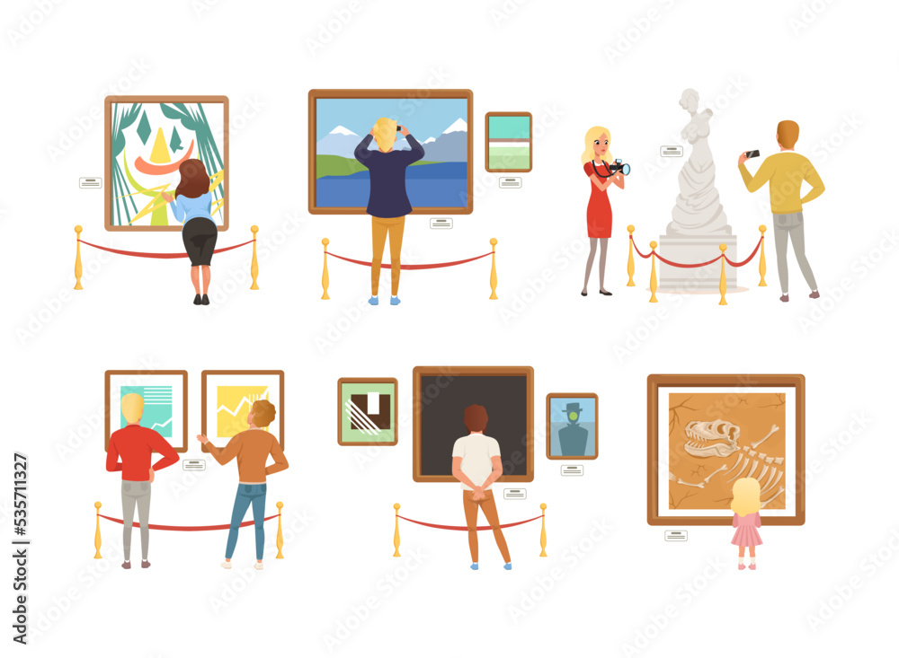 Visitors of classic art gallery or museum viewing paintings at exhibition set. Men and women enjoying modern artwork exhibits vector illustration Visitors of classic art gallery or museum viewing paintings at exhibition set. Men and women enjoying modern artwork exhibits vector illustration