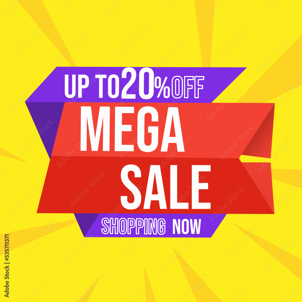 Discount mega sale up to 20 percent red banner with floating ribbon banner for promotions and offers.