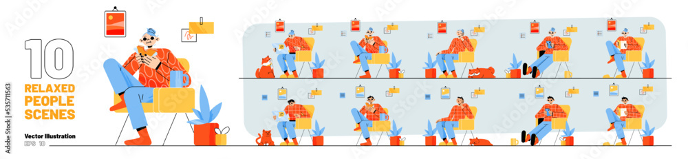 Man and woman relax sitting in chair at home. Set of people sleep, read book, use mobile phone and laptop, eat sandwich, vector flat illustration illustration