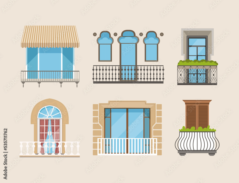 Classic balconies with doors and windows set. Architectural house facade exterior vector illustration