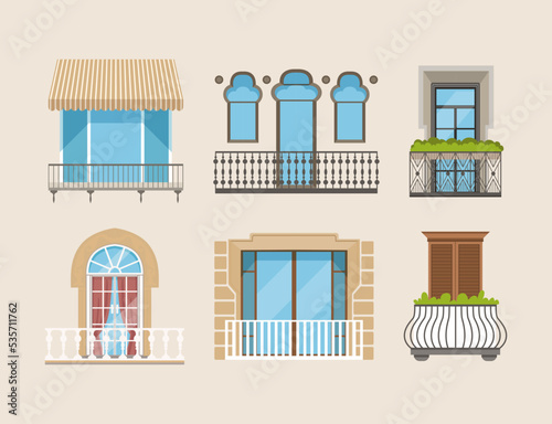 Classic balconies with doors and windows set. Architectural house facade exterior vector illustration