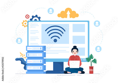 Intranet Internet Network Connection Technology to Share Confidential Company Information in Template Hand Drawn Cartoon Flat Illustration