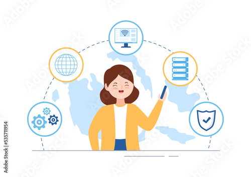 Intranet Internet Network Connection Technology to Share Confidential Company Information in Template Hand Drawn Cartoon Flat Illustration
