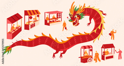 Chinese dragon and food stands set