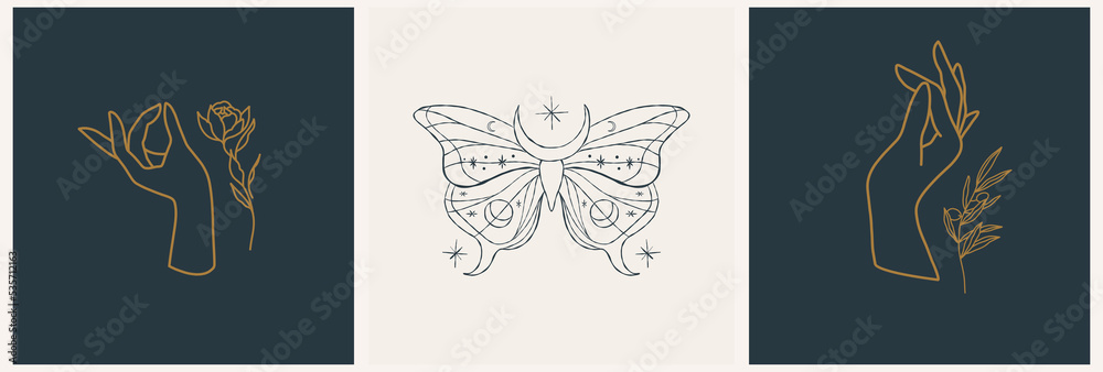 Linear minimal style logos set template with beautiful esoteric women hands, butterfly. Hair salon, beauty shop, organic cosmetics, spa. Linear minimal style logos set template with beautiful esoteric women hands, butterfly. Hair salon, beauty shop, organic cosmetics, spa.
