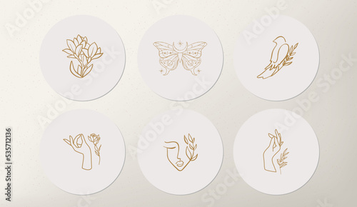 Set of icons and emblems for social media news covers with gold butterflies and female flower on a white background. Design templates for yoga studio astrologer, tourism, beauty salons