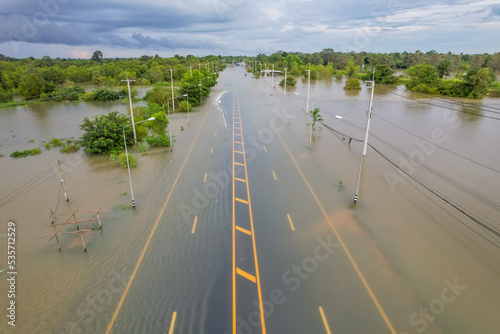 High-angle view of the Great Flood, Meng District, Thailand, on October 3, 2022, is a photograph from real flooding. With a slight color adjustment
