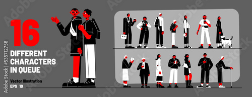 Set of different characters standing in long queue. Diverse people, adult, old persons, kid, girl with dog and student using phone waiting in line, vector flat illustration