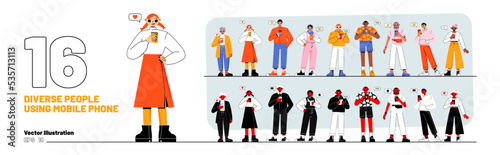 Set of diverse people using mobile phones. Male and female characters talk and communicate by smartphones. Men and women browsing social networks with speech bubbles, Line art flat vector illustration