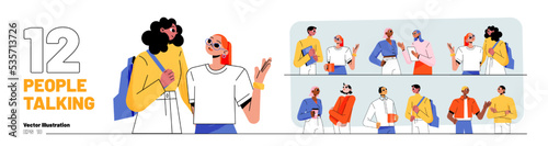 Set of people talking with each other. Concept of friends communication, conversation in team, social network. Diverse persons have dialogue, vector flat illustration