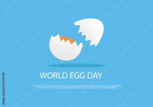 World egg day background banner poster with opened egg on blue color.