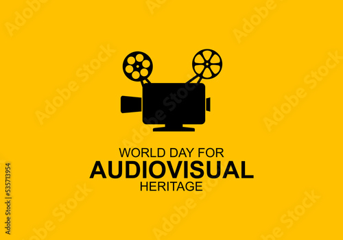 World day for audiovisual heritage background with big camera on yellow color.