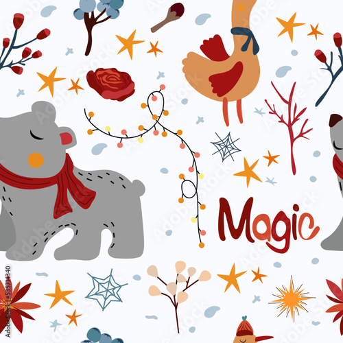 Seamless patterns with with a cute polar bear in a scarf  funny winter goose  lettering magic  bright flowers  colored leaves. Scandinavia Christmas. Vector illustration.