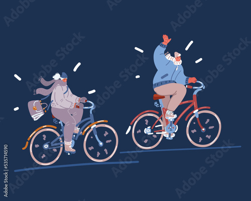 Cartoon vector illustration Happy fall people enjoy outdoor activities. Good friends meeting. Man and woman riding bike in park.