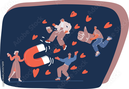 Cartoon vector illustration business woman Hold a Big Magnet To Attract subscribers. Man and woman and likes she attract