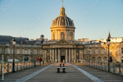 Pont des Arts bridge over the Seine river sunrise overlooking Office Des Longitudes. France