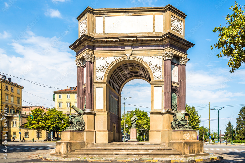Obraz premium View at the Monumental Arch to the Artillery Force (Valentino) in the streets of Turin, Italy