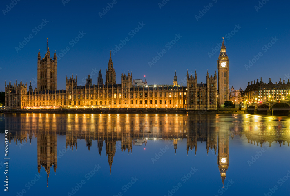 Night time panorama of Big Ben and Westminster Bridge