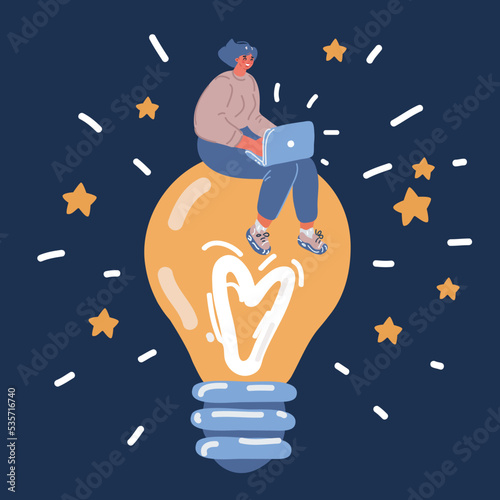 Cartoon vector illustration woman use wireless netbook sit big light bulb