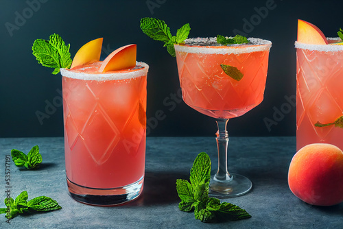 Peach bellini champagne cocktail, food photography, photorealistic illustration
