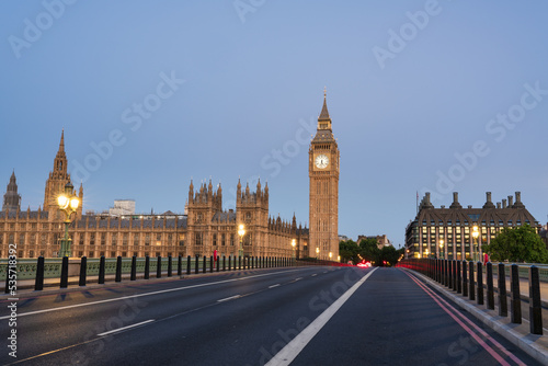 Big Ben and Westminster bridge at dawn in London. England