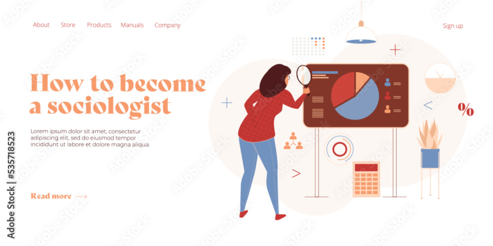 Sociology concept in flat vector illustration. Sociologist studying statisctics poll graphs. Society research data or social science and knowledge. Web banner layout template