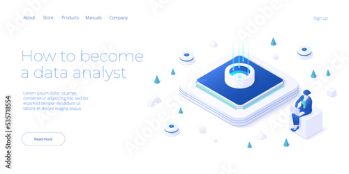 Data analyst or scientist concept in isometric vector illustration. Big data analysis or information processing and analytics. Web banner layout template