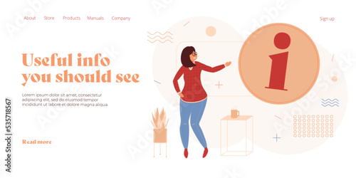 Information sign as concept of technical support in isometric vector illustration. Female pointing finger at info symbol. Help or faq metaphor. Web banner layout template