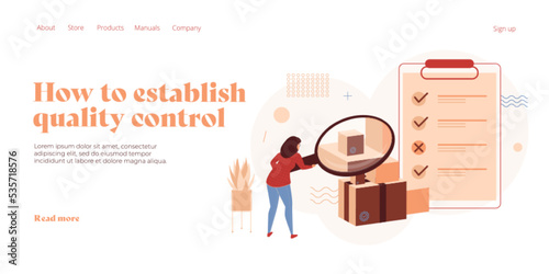 Quality control concept in isometric vector illustration. Female person inspects requirements for product condition. Web banner layout template