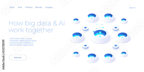 Big data technology in isometric vector illustration. Information storage and analysis system. Digital technology website landing page template