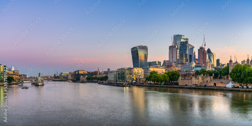The city financial district of London at sunrise. England