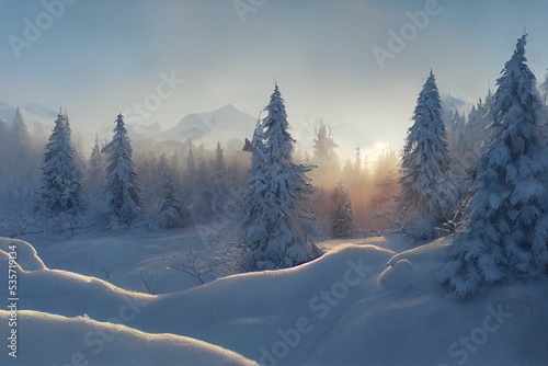 Winter landscape in natural conditions with pine forests. the sea in ice, snow and blizzards. Arctic winter snowy landscape. Northern Lights Aurora Borealis flashes in dramatic night sky. 3D Render.  © W&S Stock