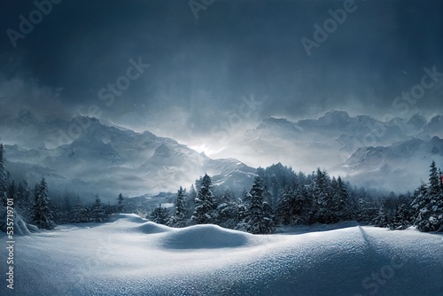 Winter landscape in natural conditions with pine forests. the sea in ice, snow and blizzards. Arctic winter snowy landscape. Northern Lights Aurora Borealis flashes in dramatic night sky. 3D Render. 