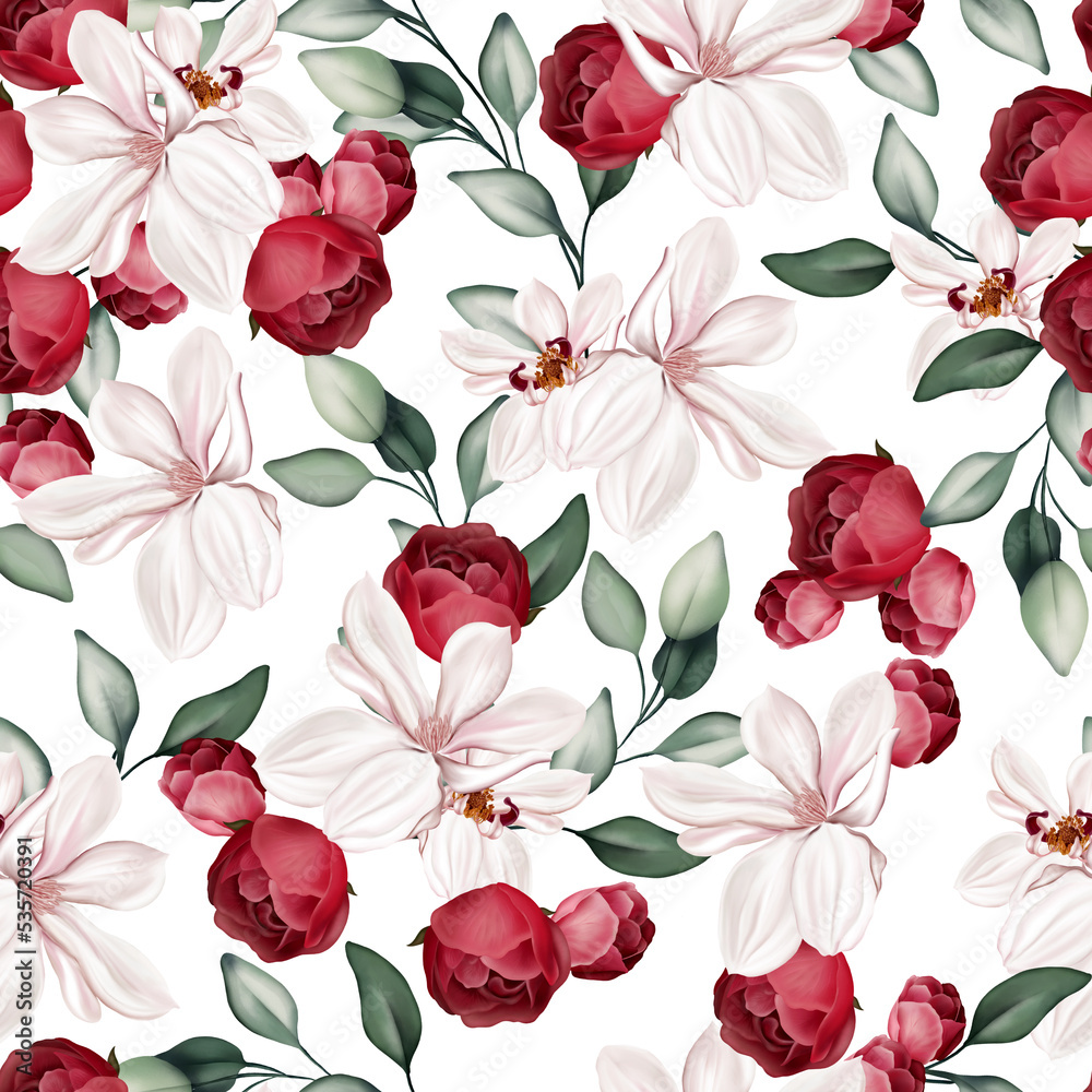 Elegant seamless pattern with peonies, roses and eucalyptus leaves. Illustration