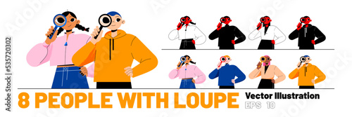Set of people with loupe, male and female characters look through magnifying glass. Concept of information research, SEO, FAQ, query, investigation and studying, Line art flat vector illustration