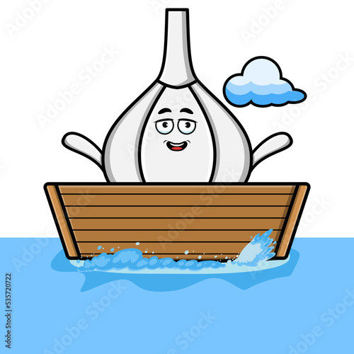 cute cartoon Garlic get on boat in vector character illustration