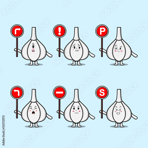 Cute Garlic cartoon character holding traffic sign illustration in modern 3d style design