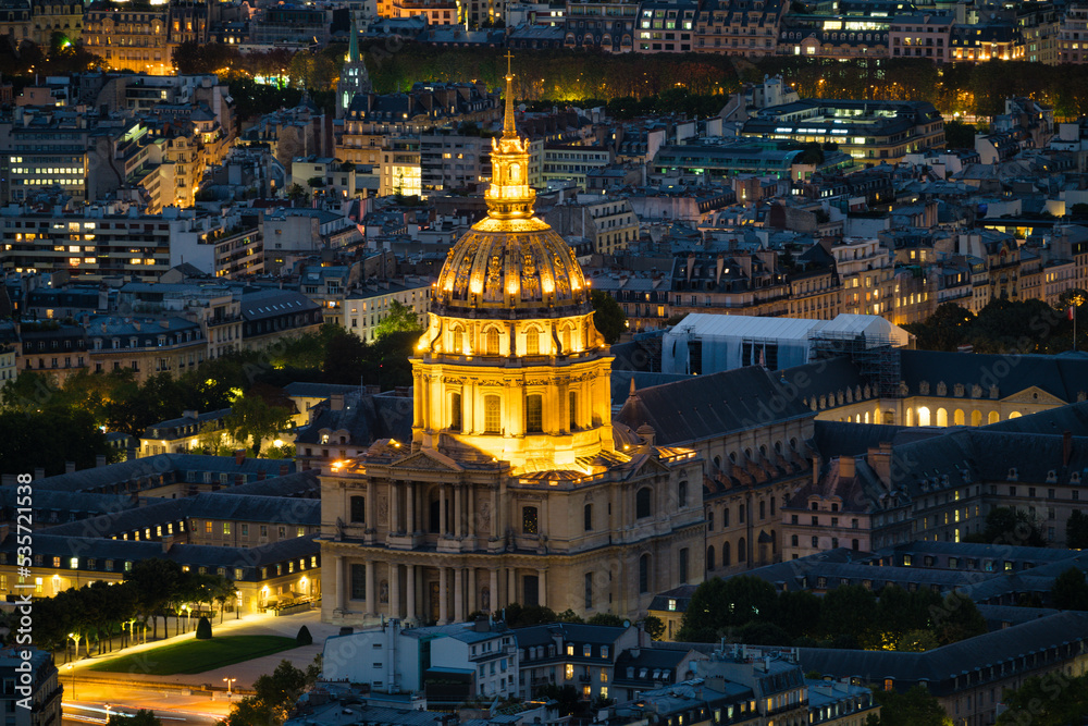 Aerial view of illuminated dome of Les Invalides Cathedral in Paris. France